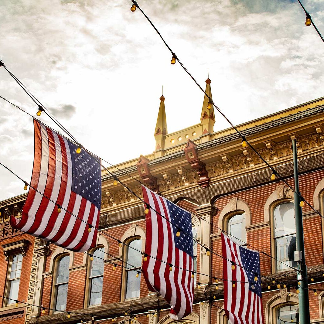 Ohio Small Town Building with American Flags