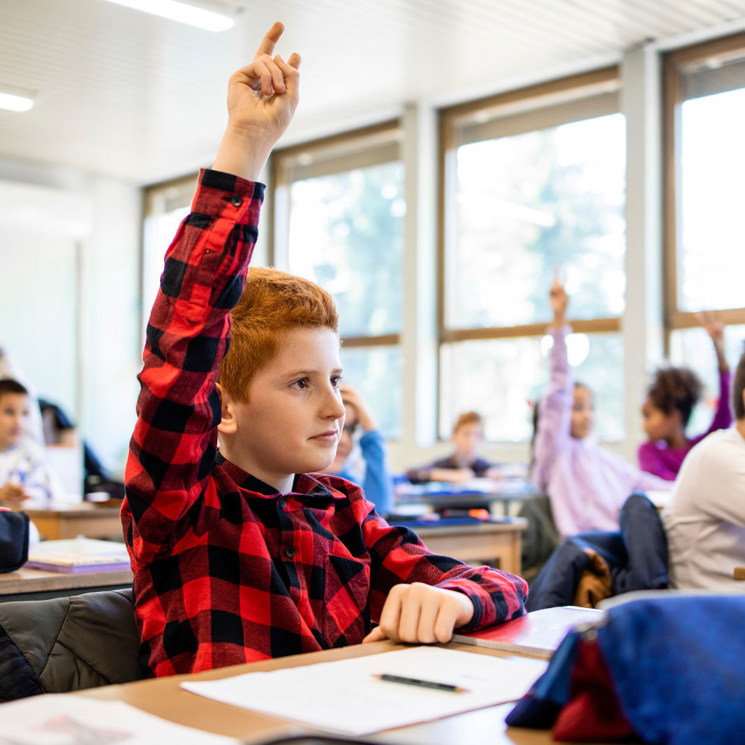 boy raising his hand in a school classroom